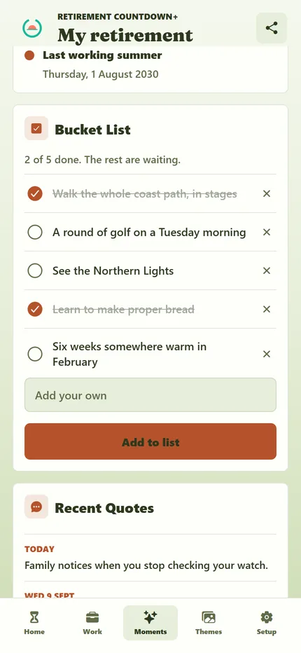 The bucket list in the app, with items ticked off