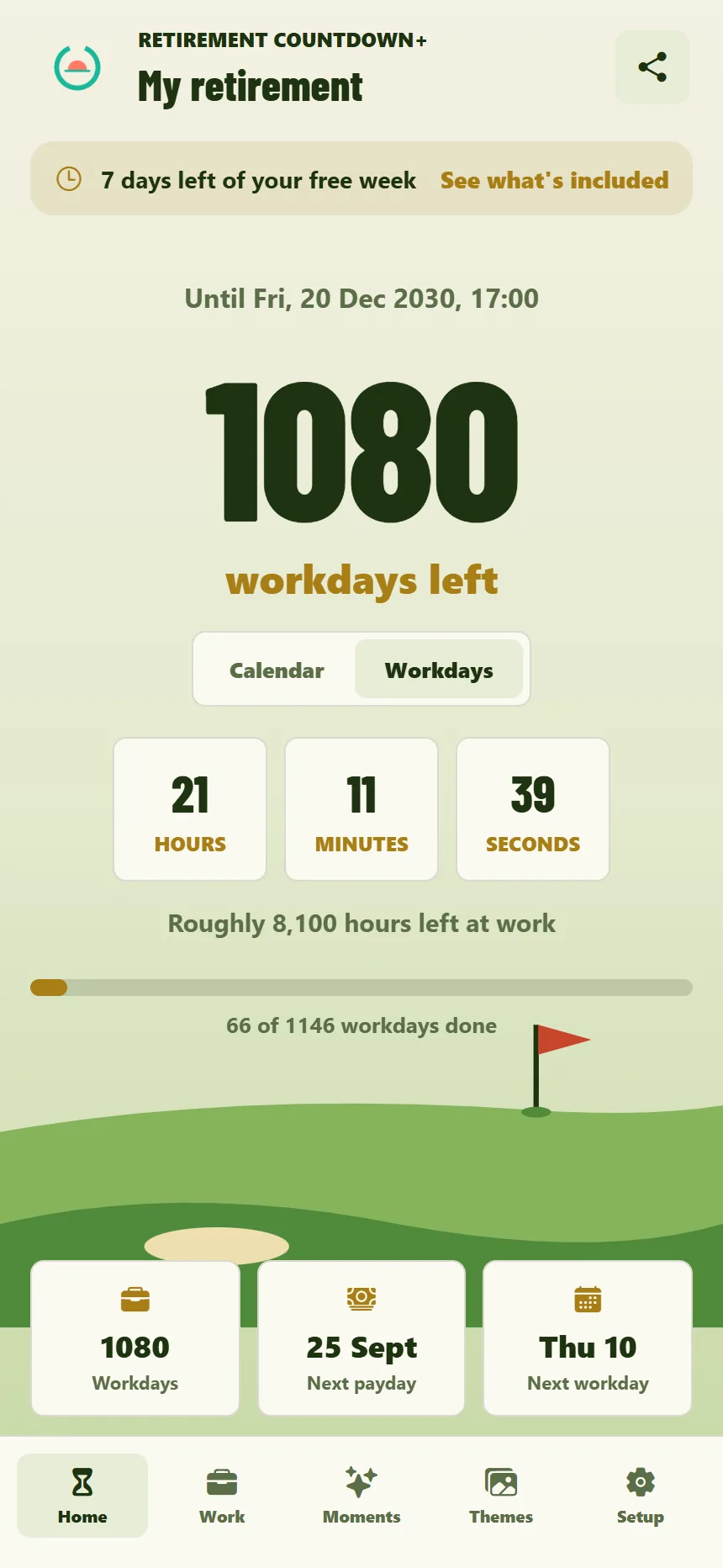 The Golf Course theme with a fairway and flag under the number