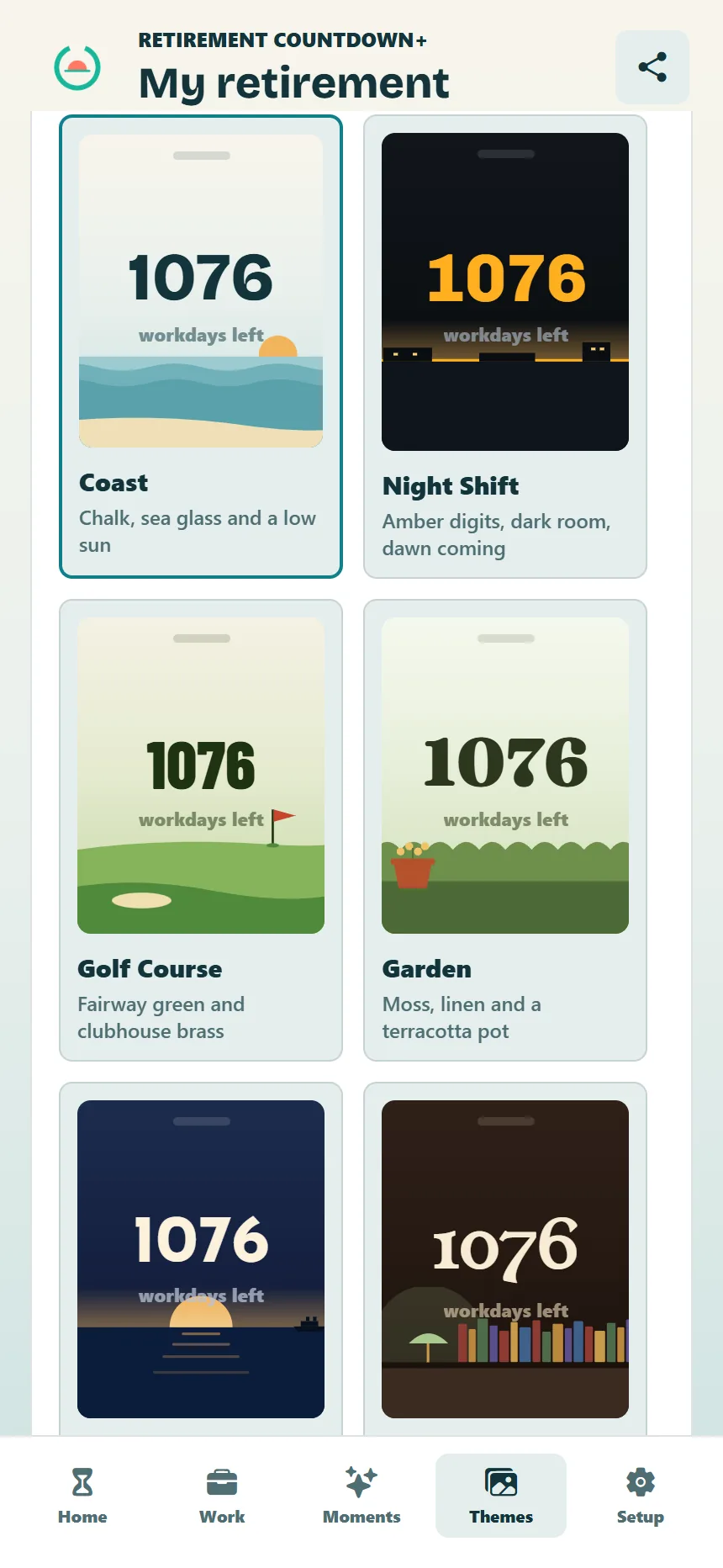 The theme picker in the app, showing all six themes and the option to use your own photo