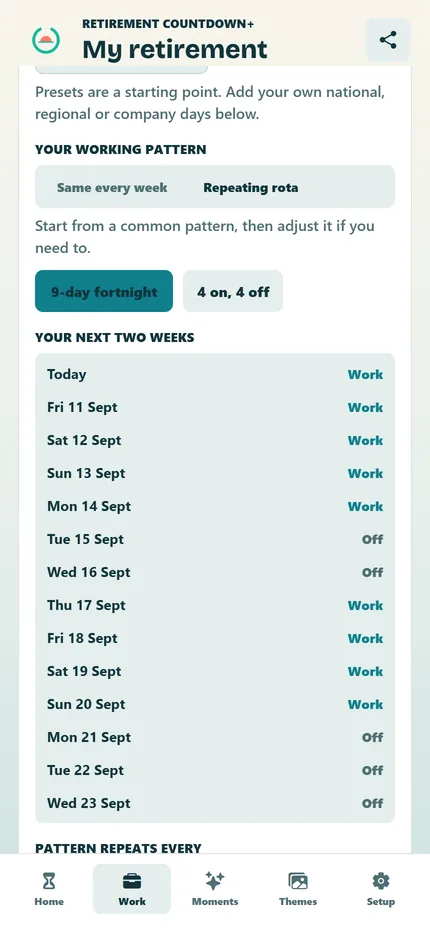 The Work tab in the app, setting up a repeating shift pattern