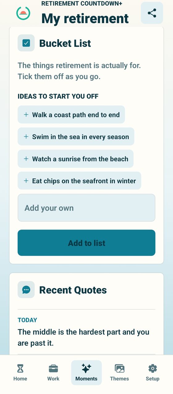 The bucket list screen with items to tick off before retiring