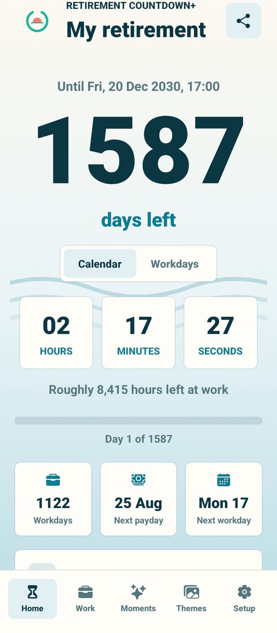 The Retirement Countdown+ home screen showing 1,587 days left with hours, minutes and seconds beneath it