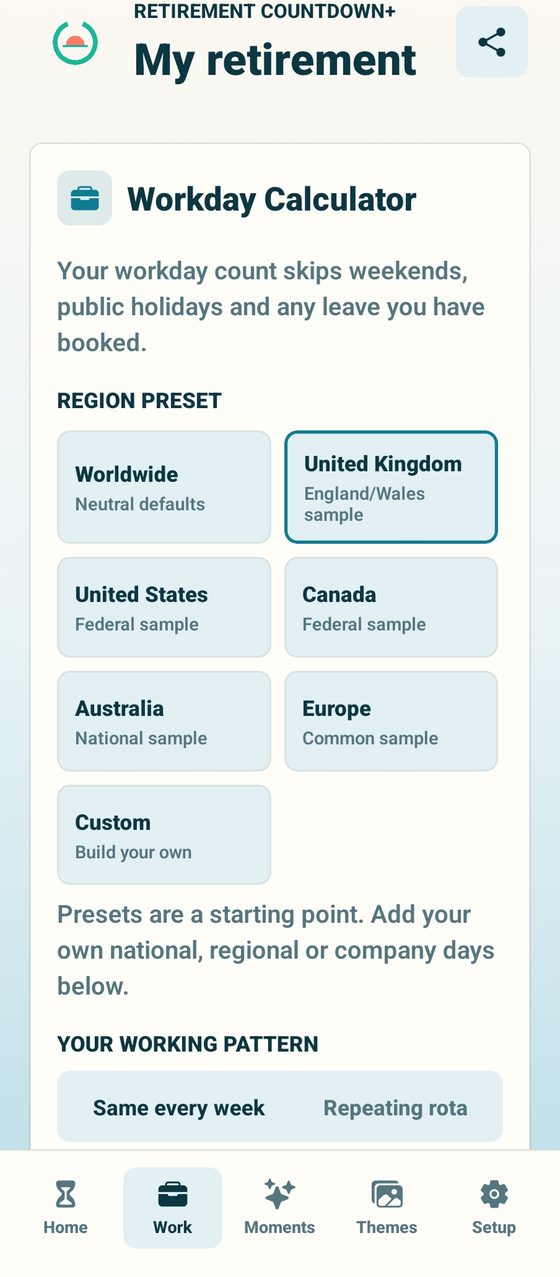 The workday calculator with region presets and a repeating rota option for shift patterns
