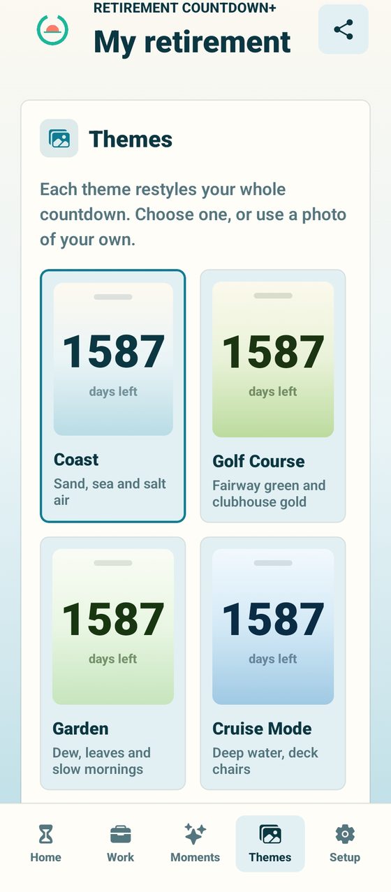 The themes screen showing six colour themes for the countdown