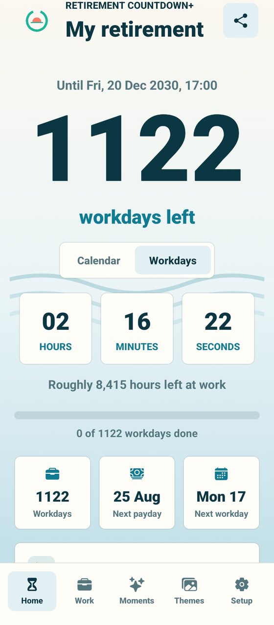 The workdays view showing 1,122 workdays left and roughly 8,415 hours still to be worked